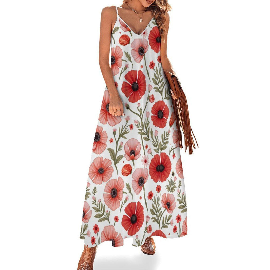 Poppy Floral Ankle-Length Slip Dress: Summer Wildflower Elegance