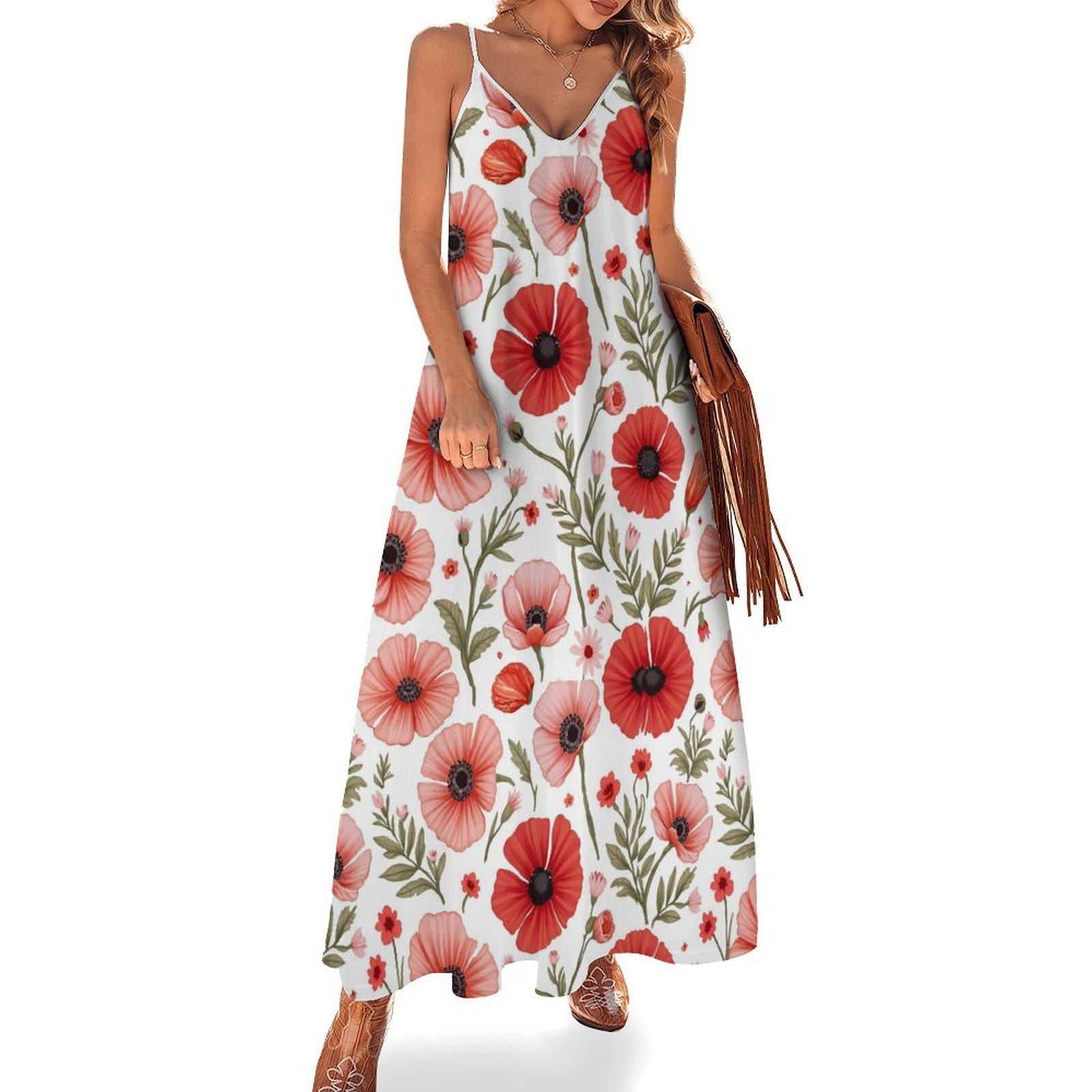 Poppy Floral Ankle-Length Slip Dress: Summer Wildflower Elegance