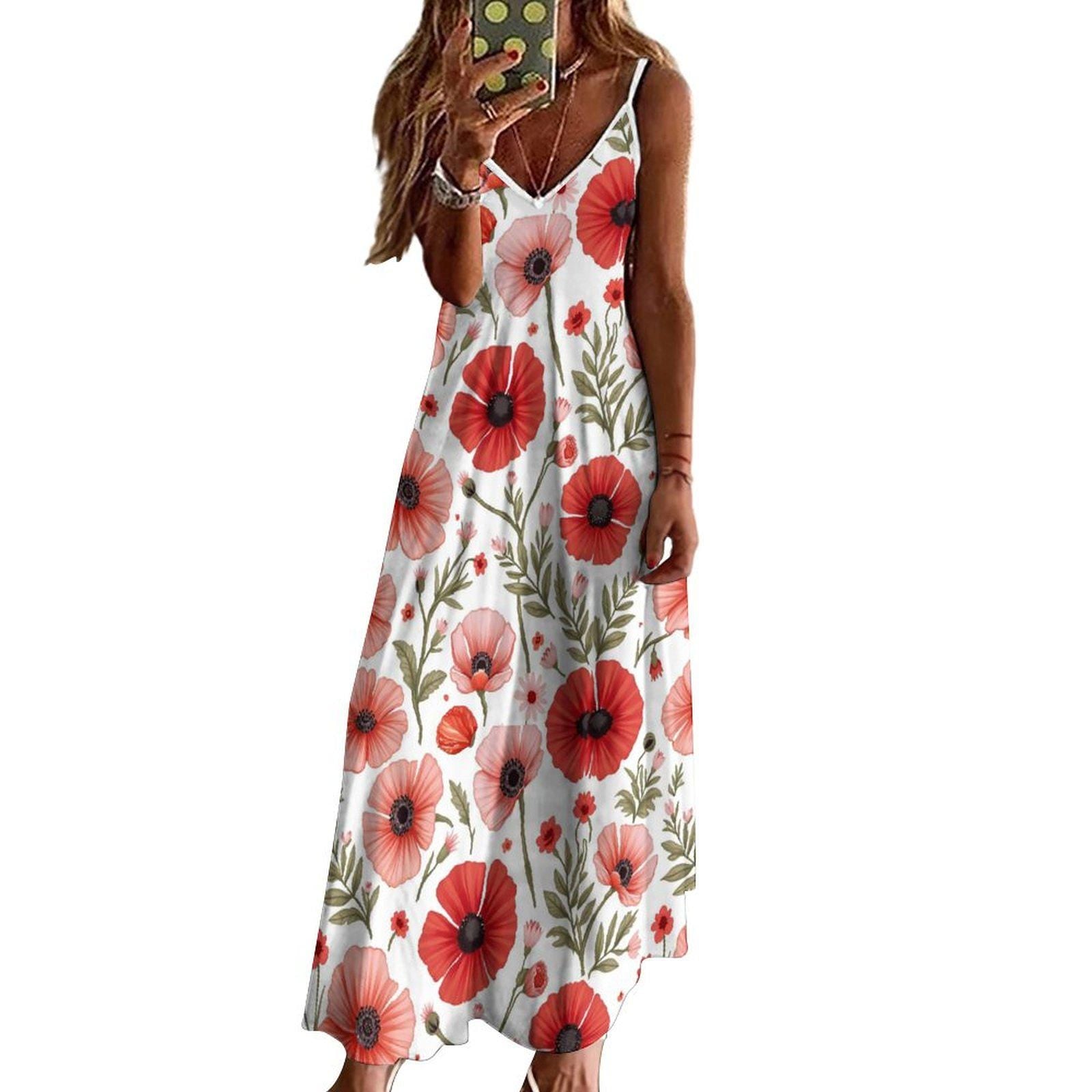 Poppy Floral Ankle-Length Slip Dress: Summer Wildflower Elegance