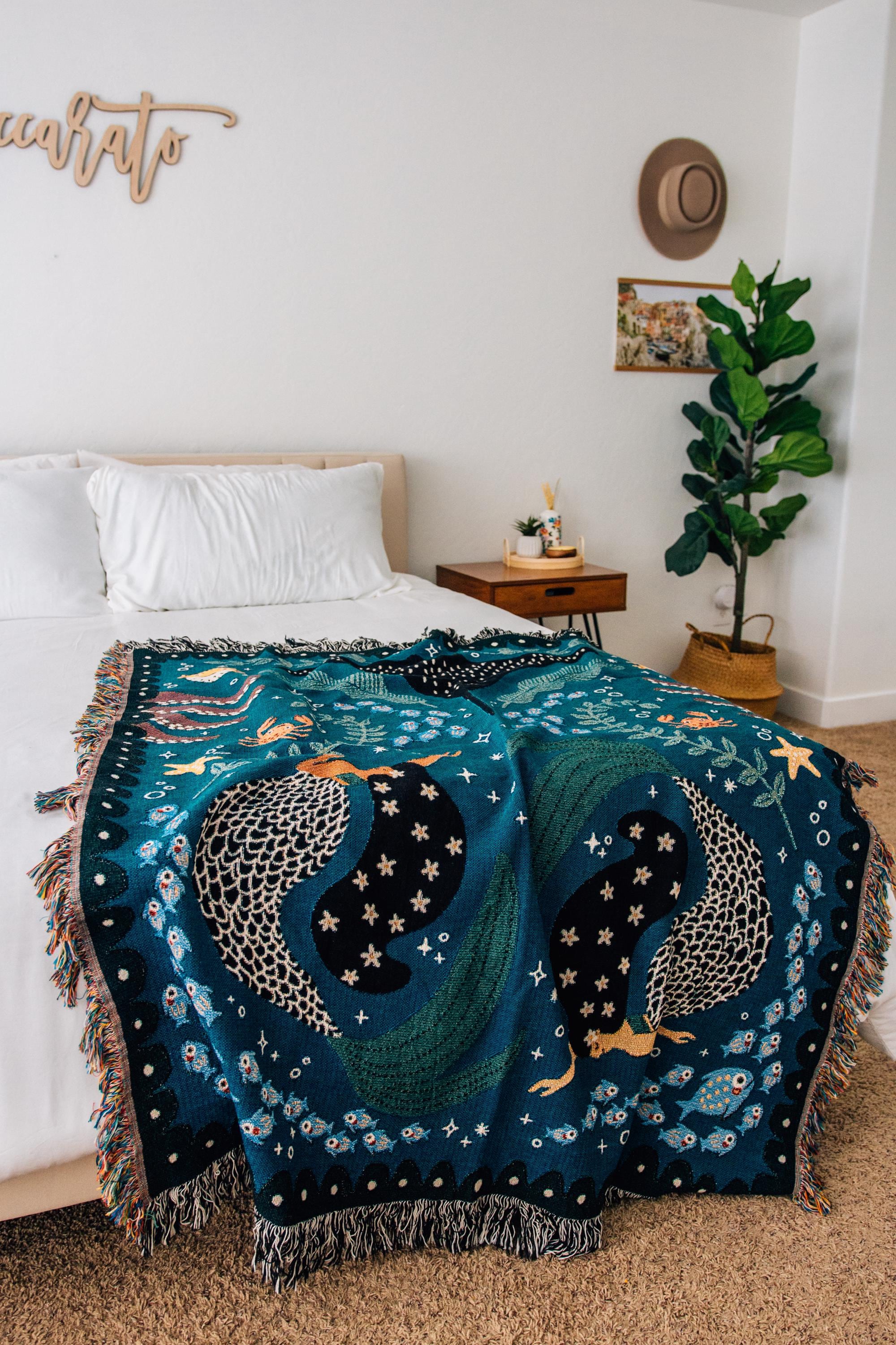 Mermaids Throw Blanket: Personalized Gift for Girl Boy Teen, Baby Shower, Woven Colourful Teal, Maximalist Ocean Animal Bedding Kawaii