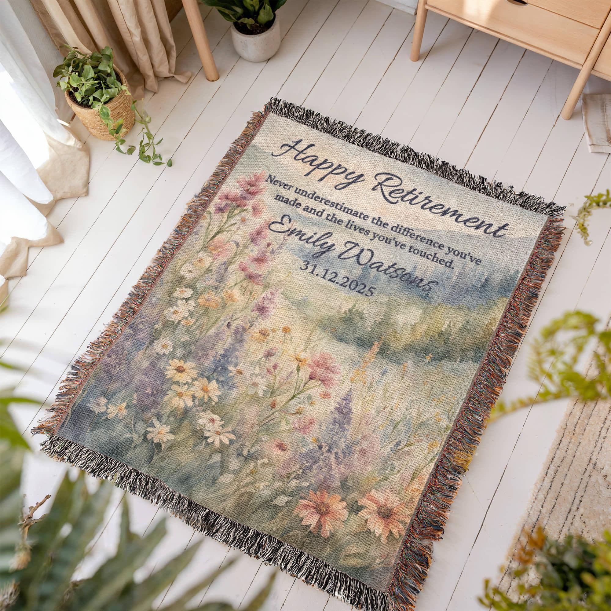 Personalized Retirement Blanket Gift, Wildflower Woven Throw for Boss, Coworker, Teacher, Nurse or Police – Farewell & Appreciation Gift