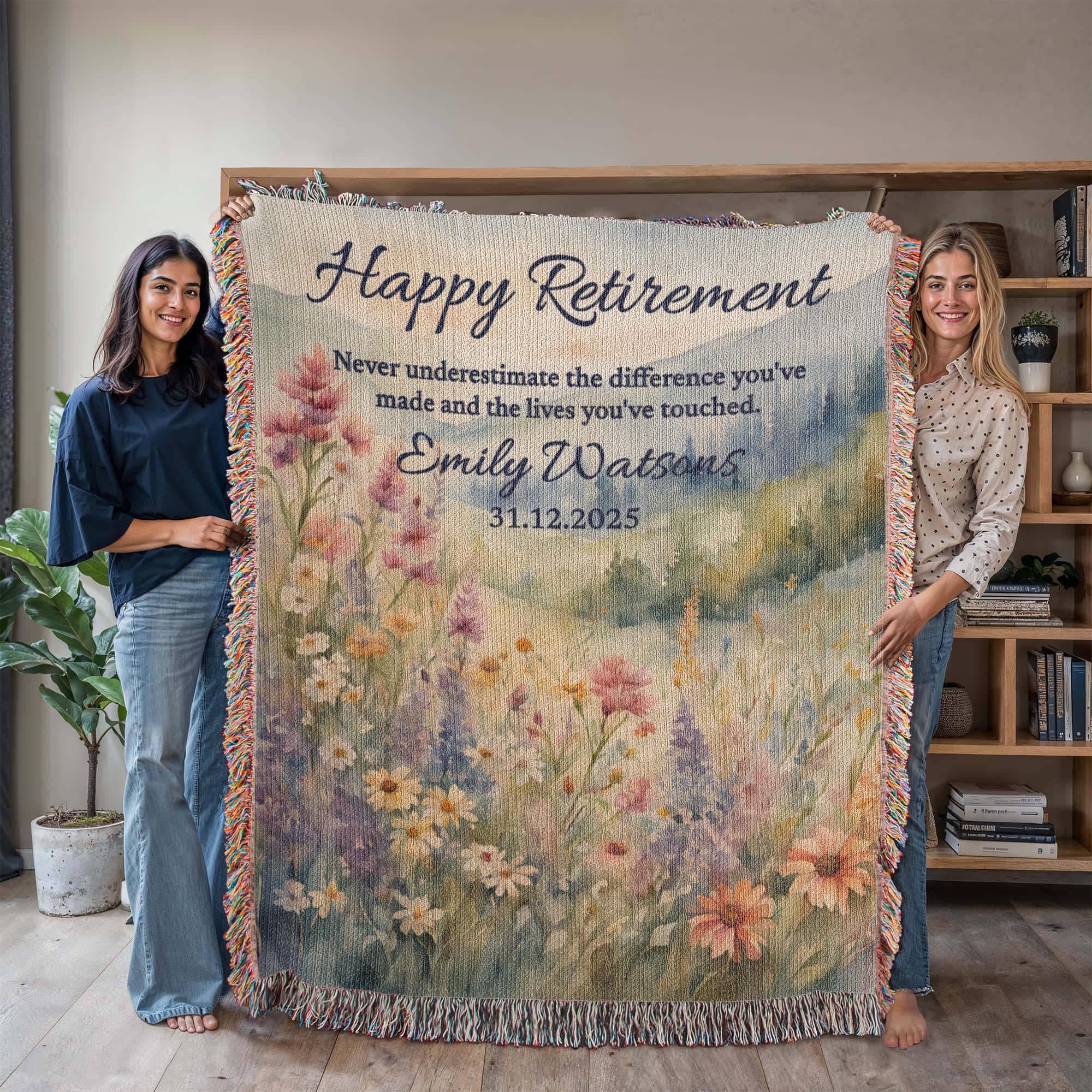 Personalized Retirement Blanket Gift, Wildflower Woven Throw for Boss, Coworker, Teacher, Nurse or Police – Farewell & Appreciation Gift