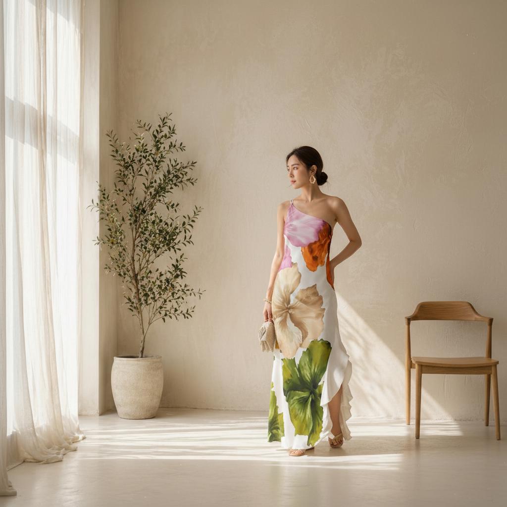 Floral One Shoulder Maxi Dress for Women, Elegant Summer Vacation Dress, Flowy Beach Resort Dress, Tropical Occasion Outfit