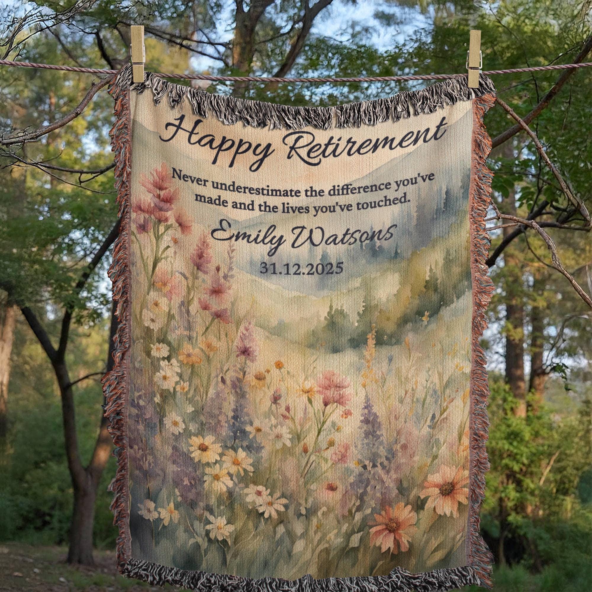 Personalized Retirement Blanket Gift, Wildflower Woven Throw for Boss, Coworker, Teacher, Nurse or Police – Farewell & Appreciation Gift