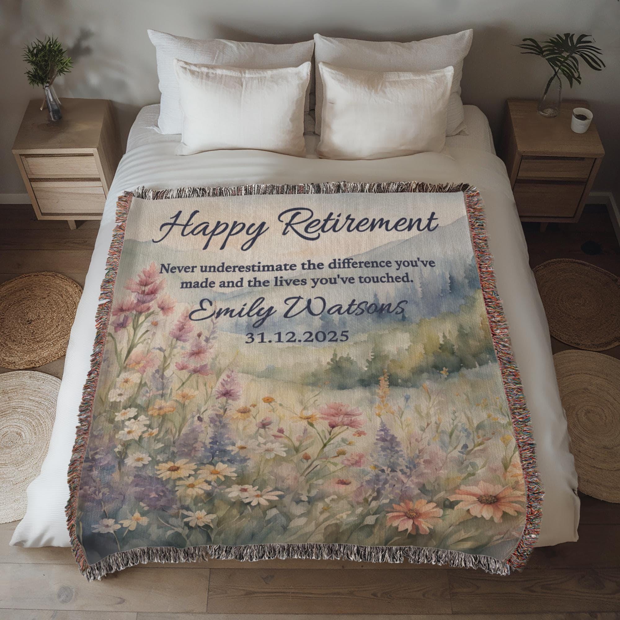 Personalized Retirement Blanket Gift, Wildflower Woven Throw for Boss, Coworker, Teacher, Nurse or Police – Farewell & Appreciation Gift