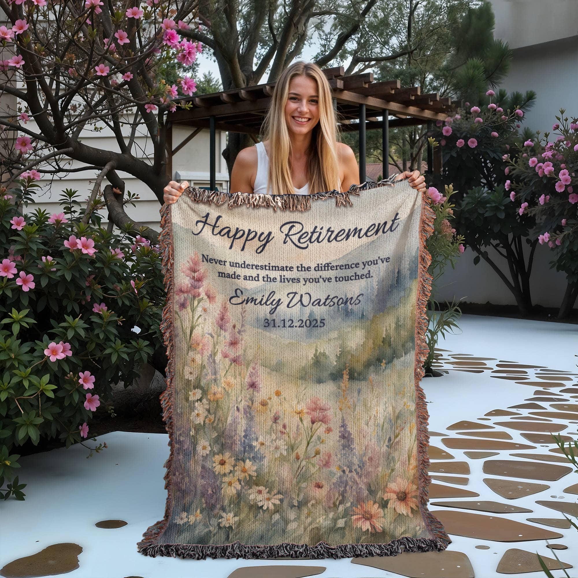 Personalized Retirement Blanket Gift, Wildflower Woven Throw for Boss, Coworker, Teacher, Nurse or Police – Farewell & Appreciation Gift