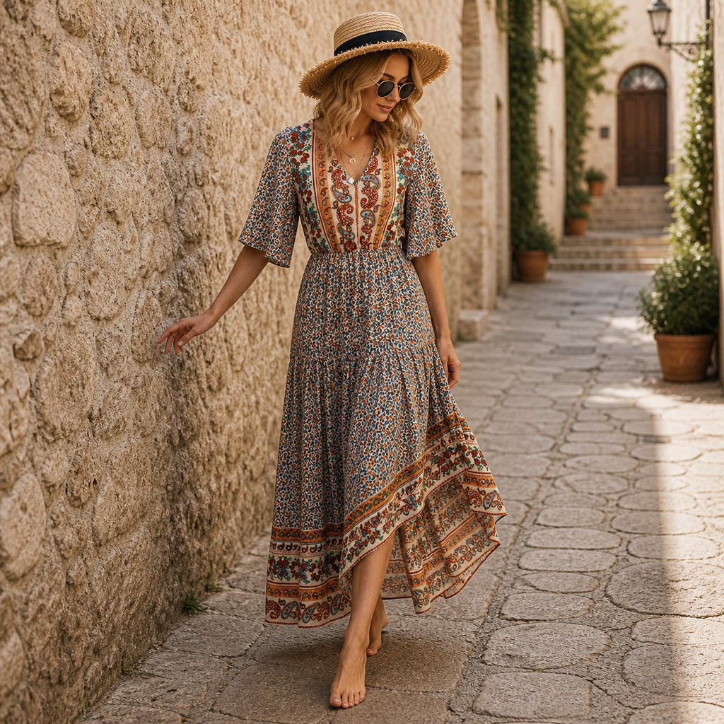 Boho Floral Maxi Dress, Summer Casual Dress, Lightweight Flowy Dress, Cottagecore Dress, Bohemian Dress, Beach Vacation Outfit