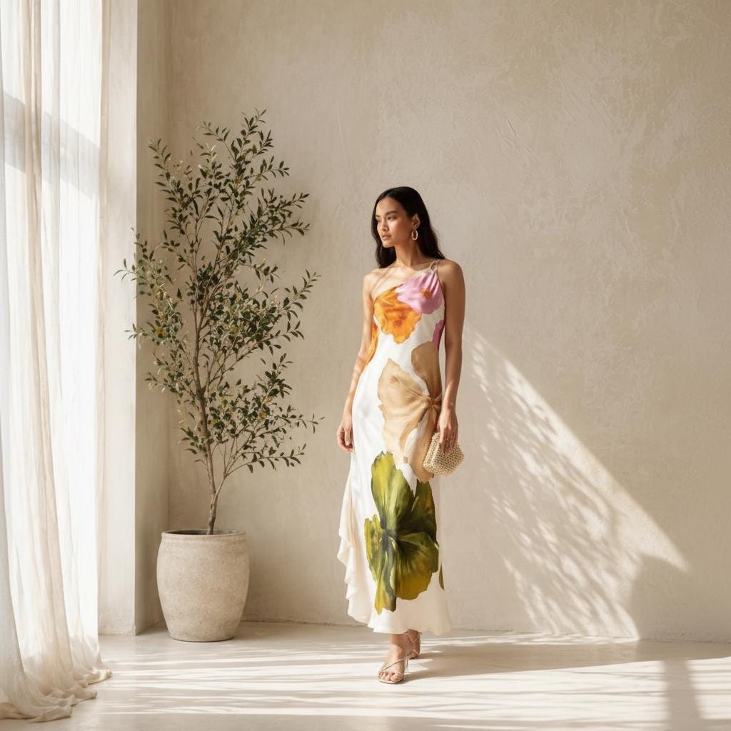 Floral One Shoulder Maxi Dress for Women, Elegant Summer Vacation Dress, Flowy Beach Resort Dress, Tropical Occasion Outfit