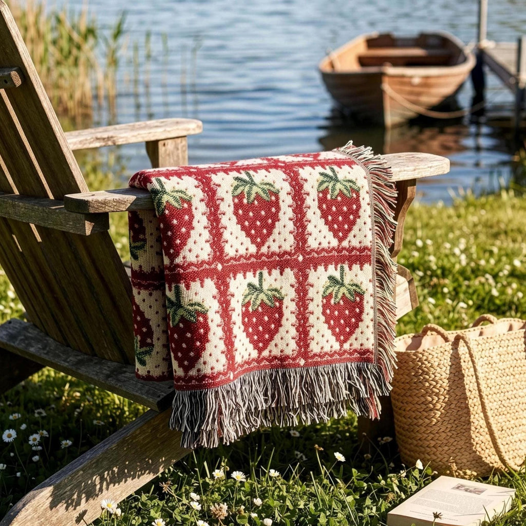 Strawberry Blanket Cotton Woven Throw Blanket, Granny Square Cottagecore Room Decor, Gift for Mom Coquette Aesthetic Wall Art Tapestry