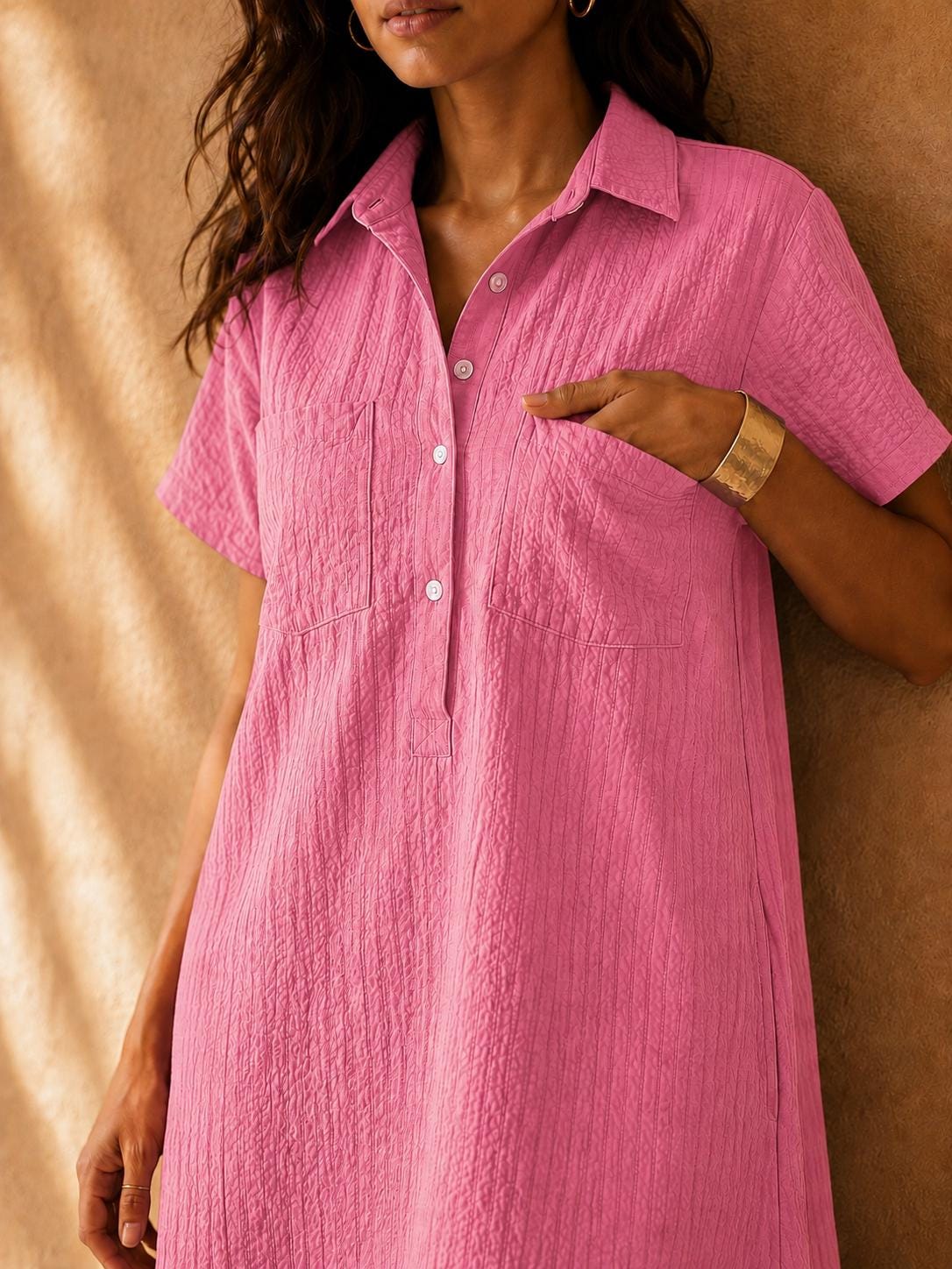 Seersucker Cotton Midi Dress | Women's Collared Shirt Dress, Summer Boho Wear