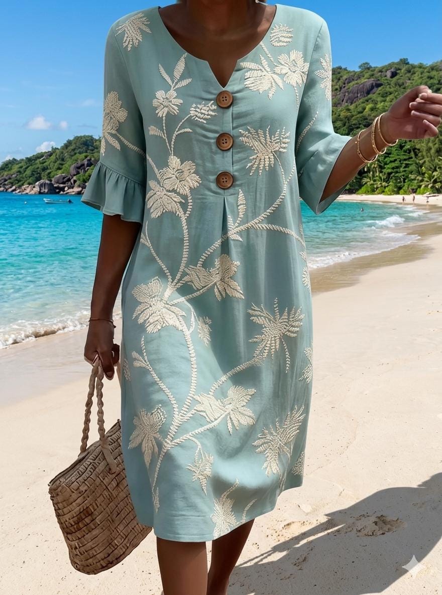 Women Embroidered Dress, Handmade Beach Cover Up, Boho Summer Midi Dress, StylemoraStudio Resort Wear