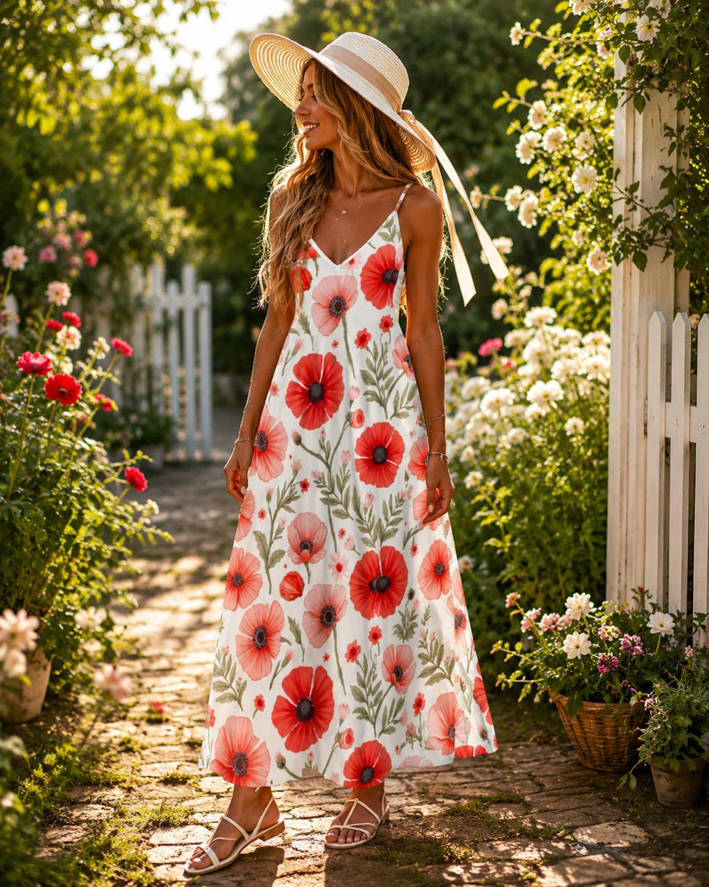 Poppy Floral Ankle-Length Slip Dress: Summer Wildflower Elegance