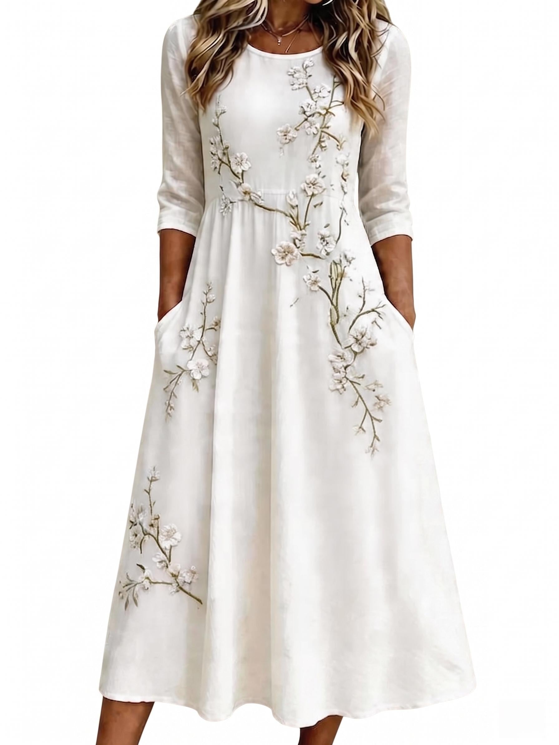 Women's Bohemian Floral Maxi Dress – Mid-length sleeves, high waist, and flowy A-line skirt (suitable for spring, summer, and autumn)