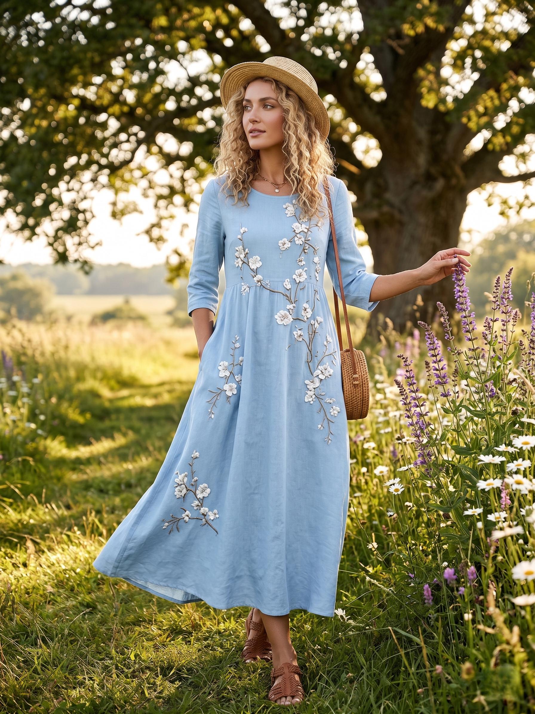 Women's Bohemian Floral Maxi Dress – Mid-length sleeves, high waist, and flowy A-line skirt (suitable for spring, summer, and autumn)