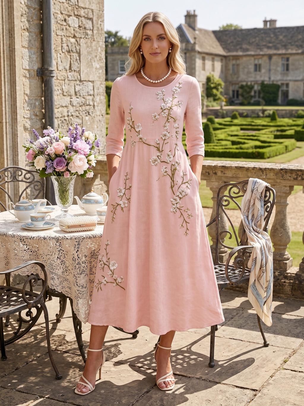 Women's Bohemian Floral Maxi Dress – Mid-length sleeves, high waist, and flowy A-line skirt (suitable for spring, summer, and autumn)