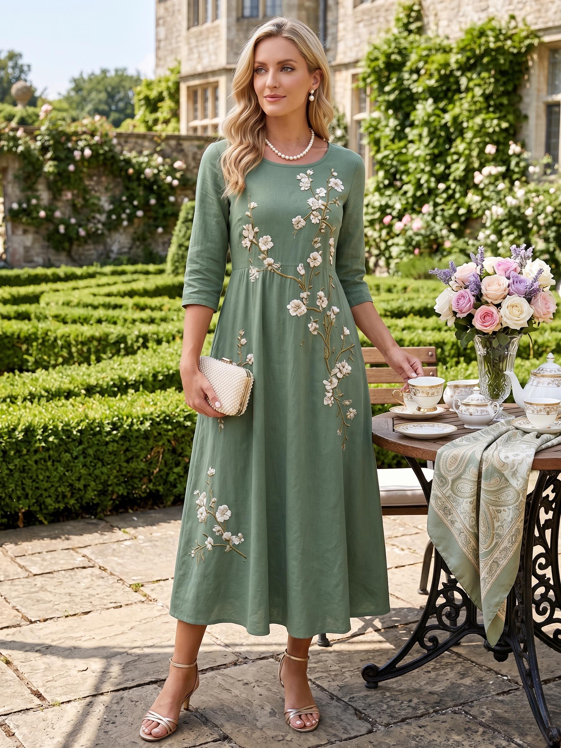 Women's Bohemian Floral Maxi Dress – Mid-length sleeves, high waist, and flowy A-line skirt (suitable for spring, summer, and autumn)