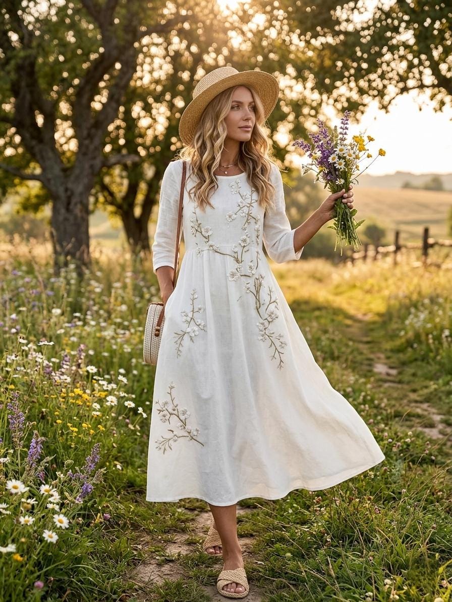 Women's Bohemian Floral Maxi Dress – Mid-length sleeves, high waist, and flowy A-line skirt (suitable for spring, summer, and autumn)
