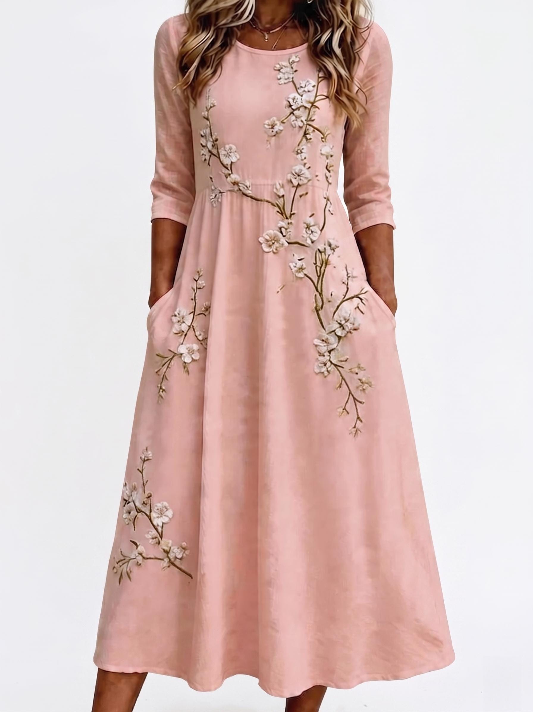 Women's Bohemian Floral Maxi Dress – Mid-length sleeves, high waist, and flowy A-line skirt (suitable for spring, summer, and autumn)