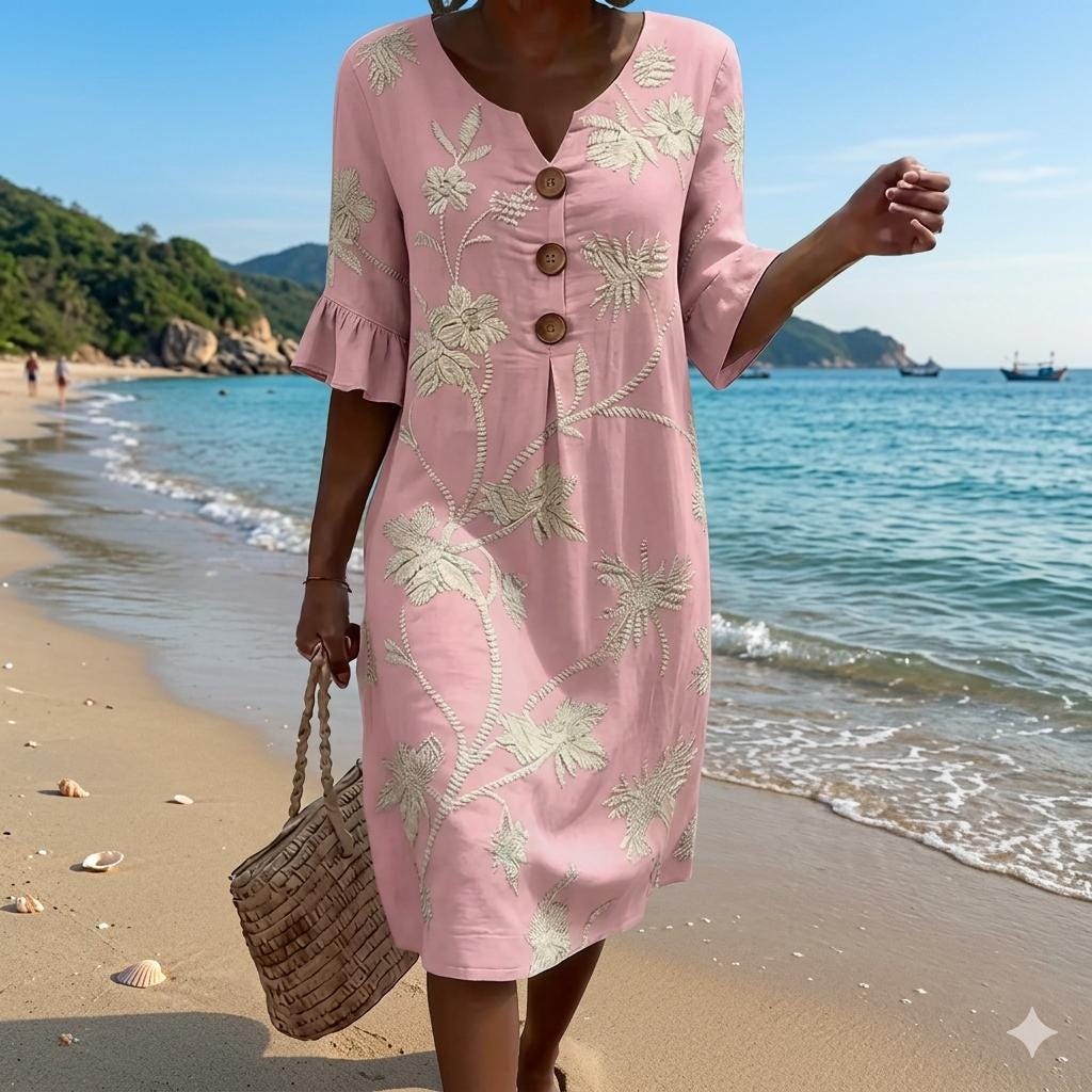 Women Embroidered Dress, Handmade Beach Cover Up, Boho Summer Midi Dress, StylemoraStudio Resort Wear