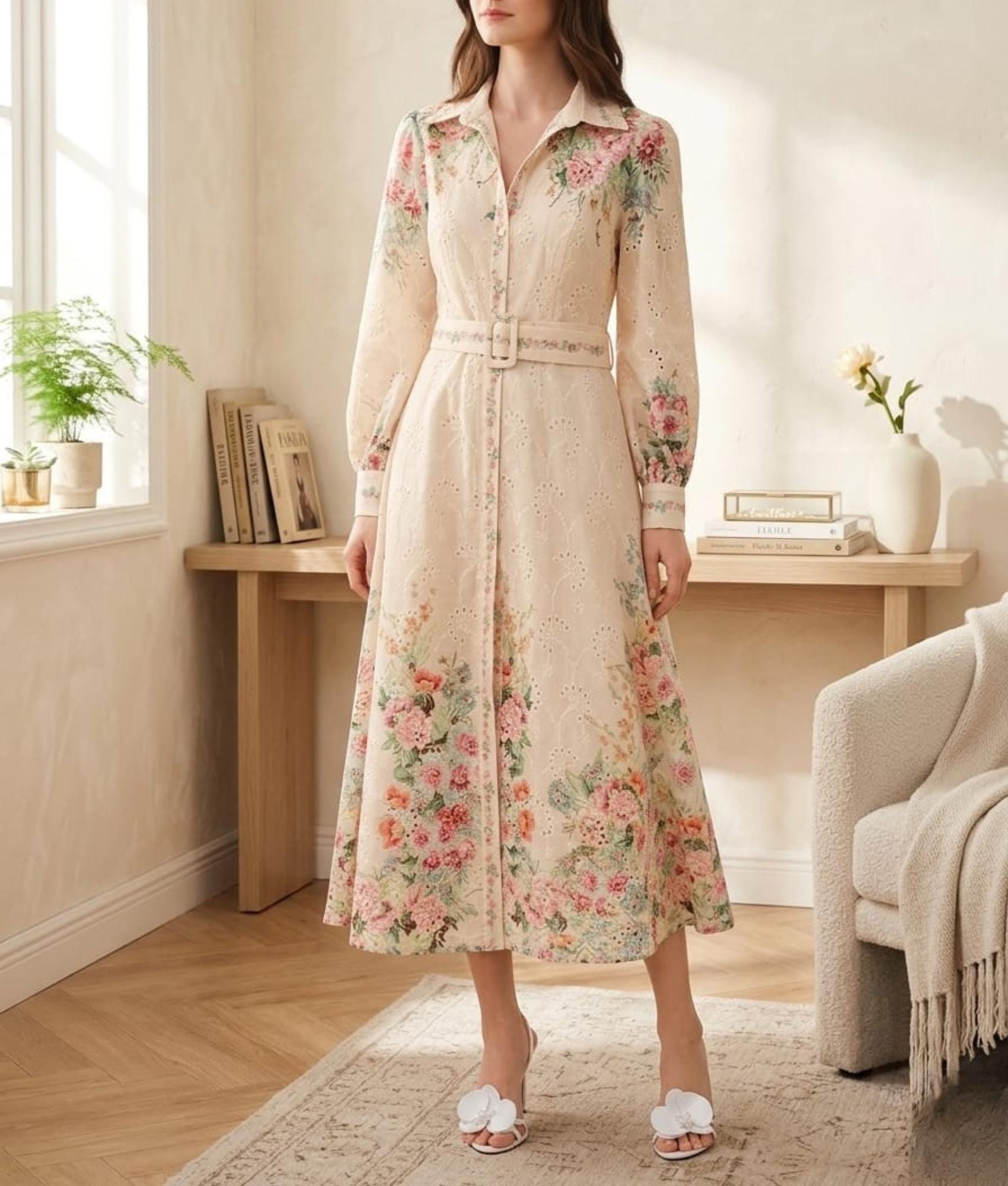 Floral Print Maxi Dress – French Style Button Down, Belted Summer Vacation Outfit