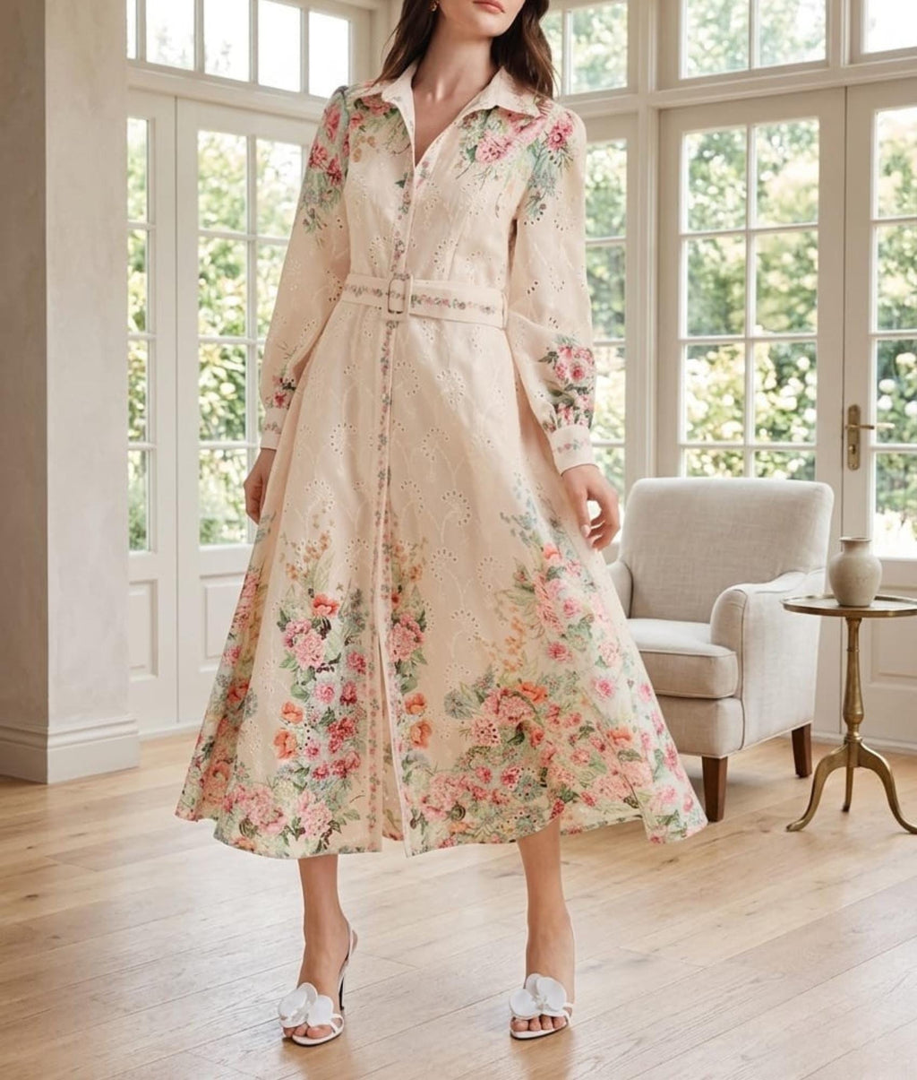 Floral Print Maxi Dress – French Style Button Down, Belted Summer Vacation Outfit