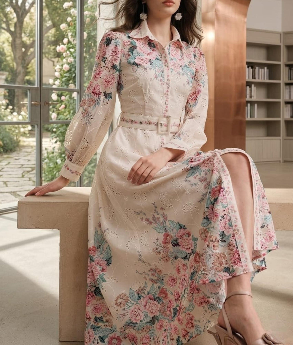 Floral Print Maxi Dress – French Style Button Down, Belted Summer Vacation Outfit