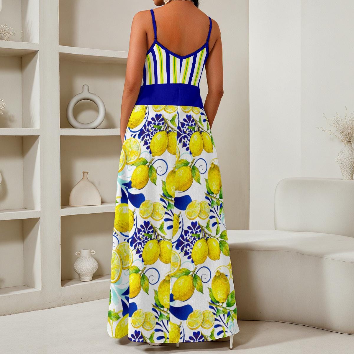 Amalfi Coast Collection Women's Elegant V-Neck Maxi Dress in stripes and botanicals. Free shipping