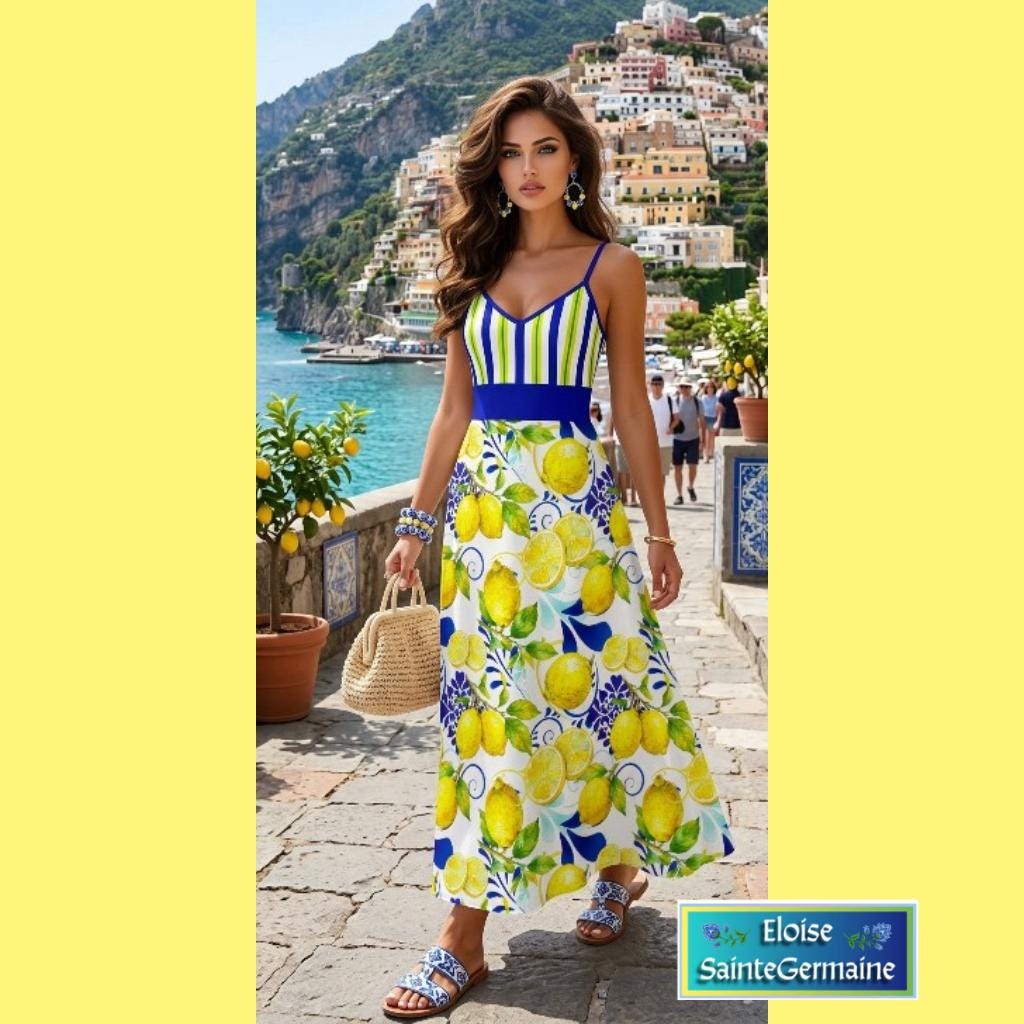 Amalfi Coast Collection Women's Elegant V-Neck Maxi Dress in stripes and botanicals. Free shipping