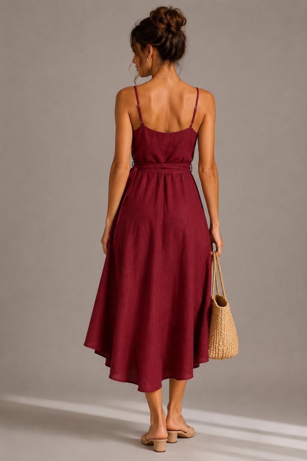 Elegant Wrap Midi Dress, High-Low Hem, Spaghetti Strap Summer Cocktail Dress