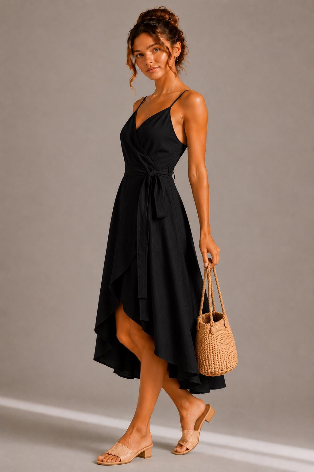 Elegant Wrap Midi Dress, High-Low Hem, Spaghetti Strap Summer Cocktail Dress