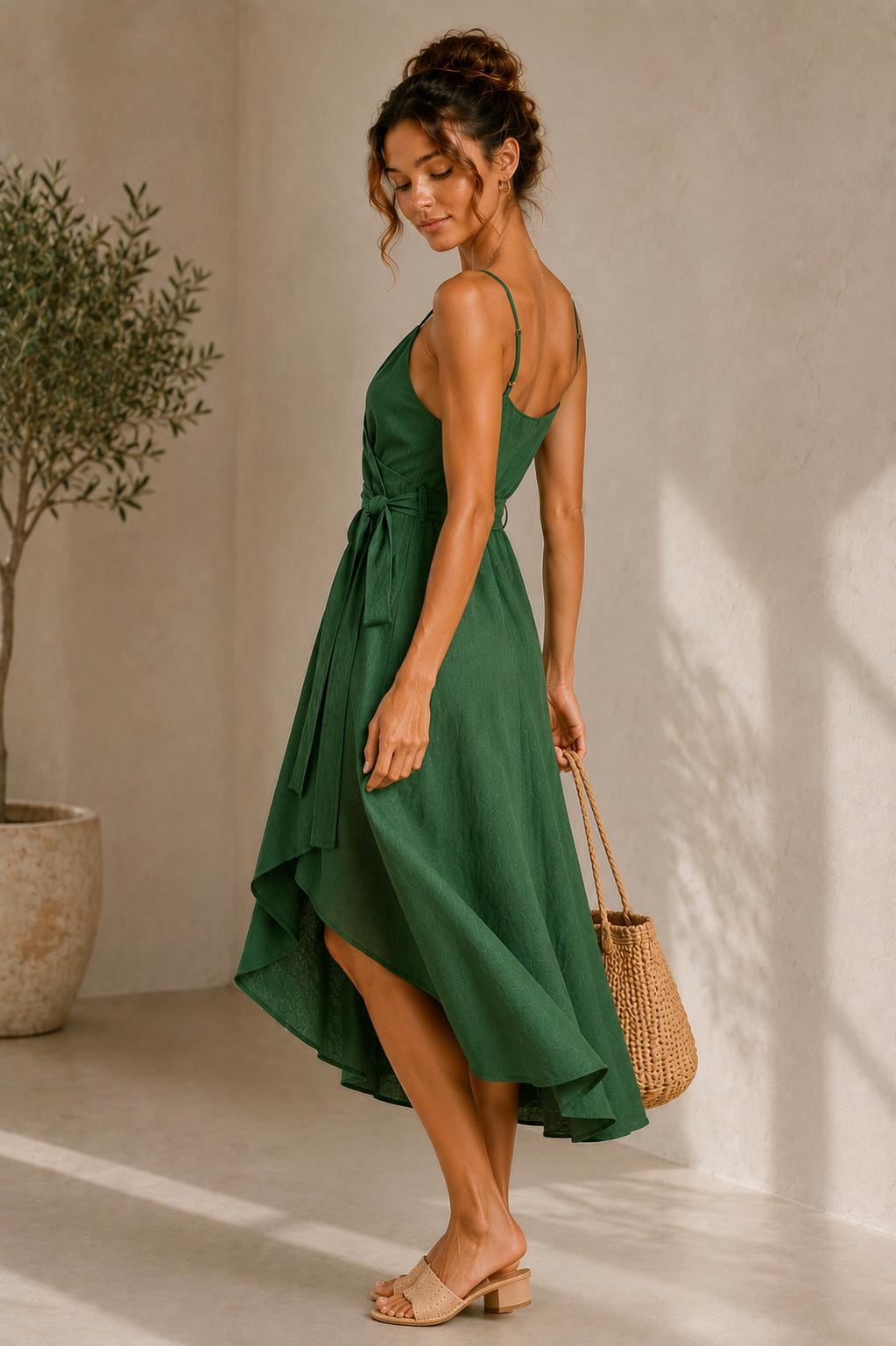 Elegant Wrap Midi Dress, High-Low Hem, Spaghetti Strap Summer Cocktail Dress