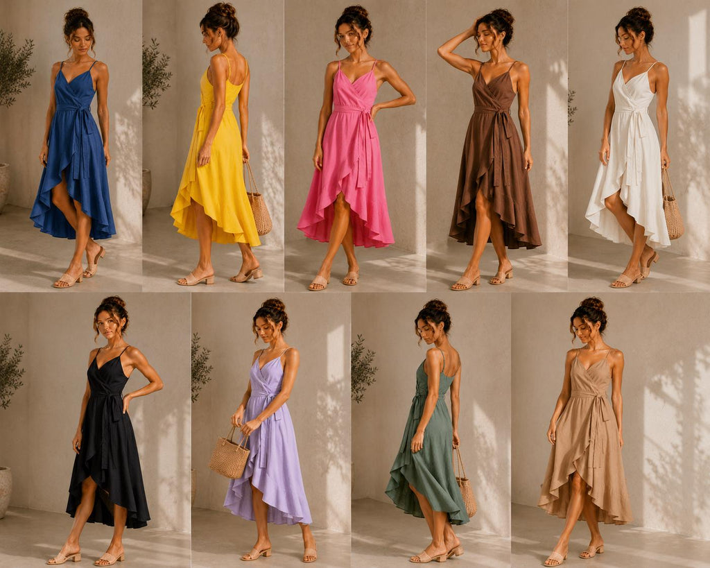 Elegant Wrap Midi Dress, High-Low Hem, Spaghetti Strap Summer Cocktail Dress