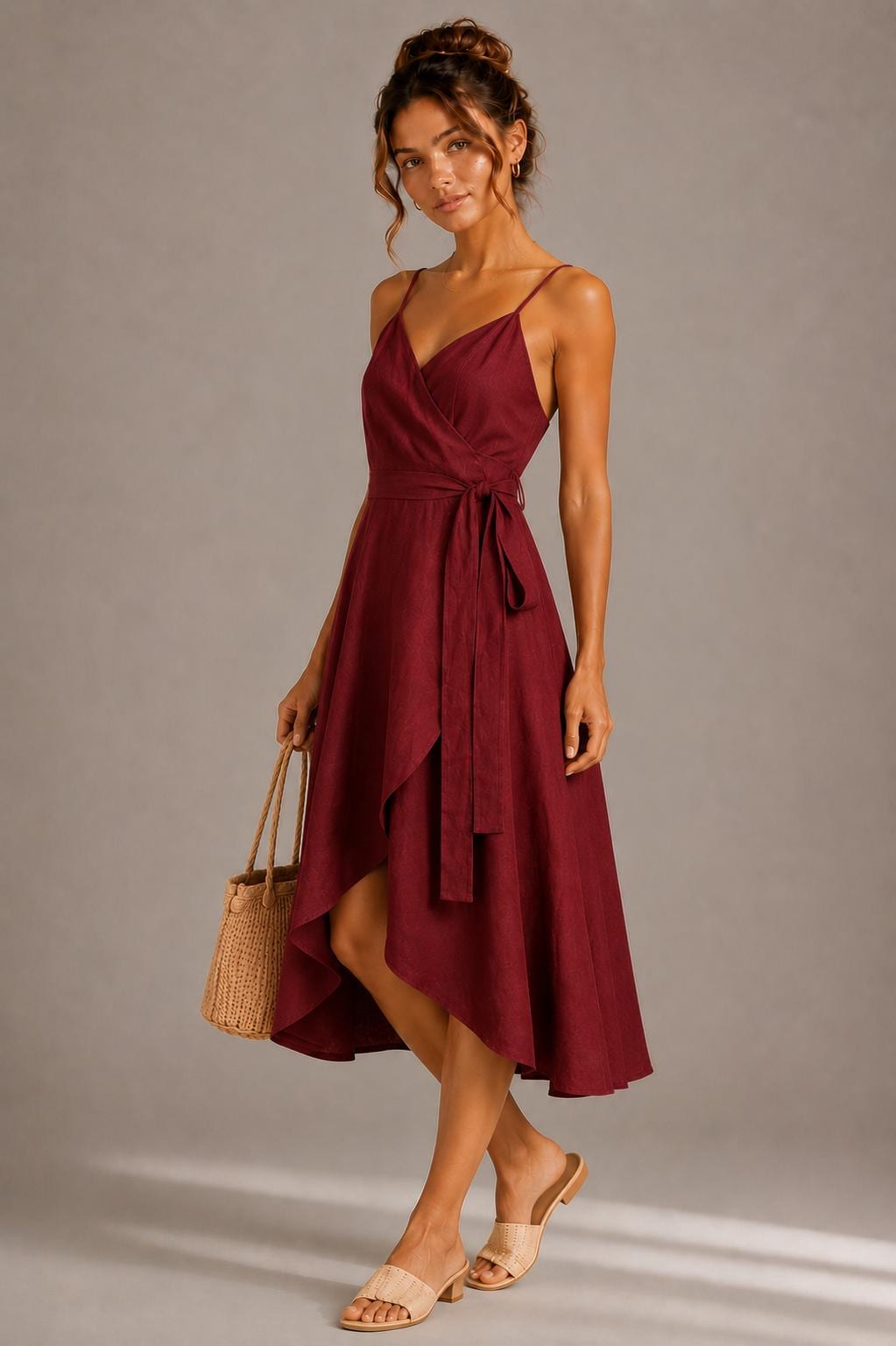 Elegant Wrap Midi Dress, High-Low Hem, Spaghetti Strap Summer Cocktail Dress