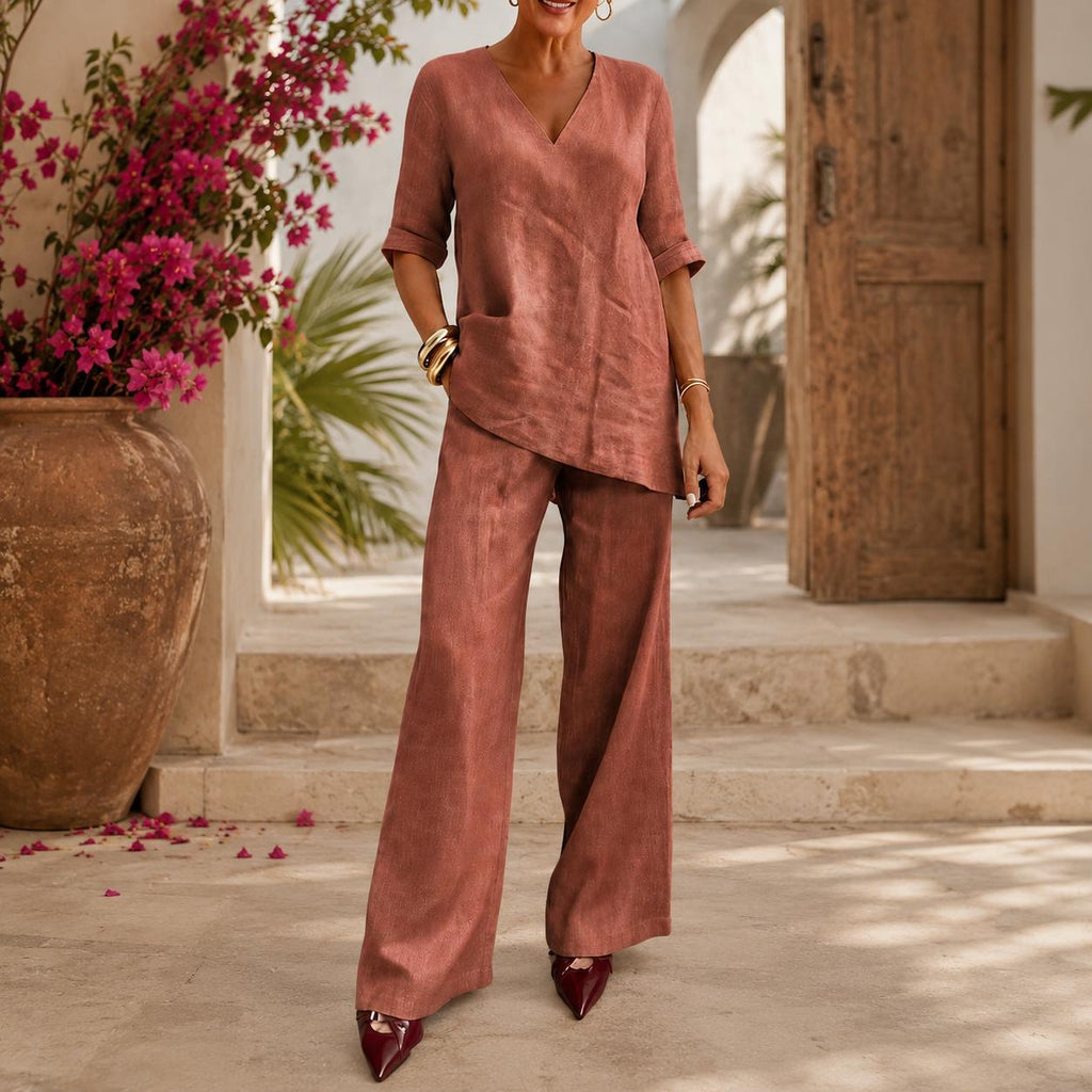 Linen Two Piece Set Women Wide Leg Pants and V Neck Tunic Top