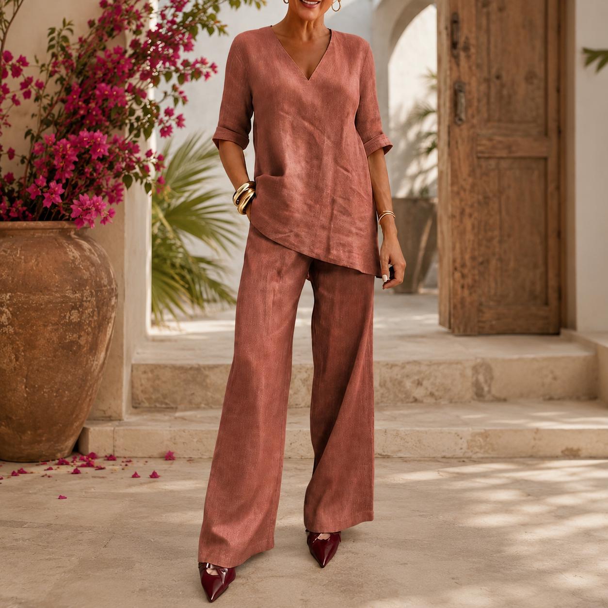 Linen Two Piece Set Women Wide Leg Pants and V Neck Tunic Top