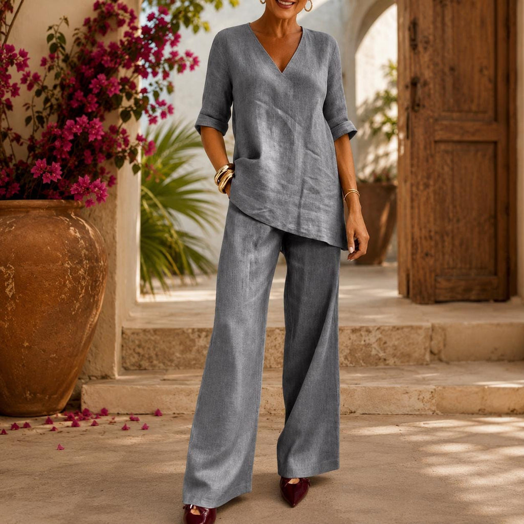 Linen Two Piece Set Women Wide Leg Pants and V Neck Tunic Top