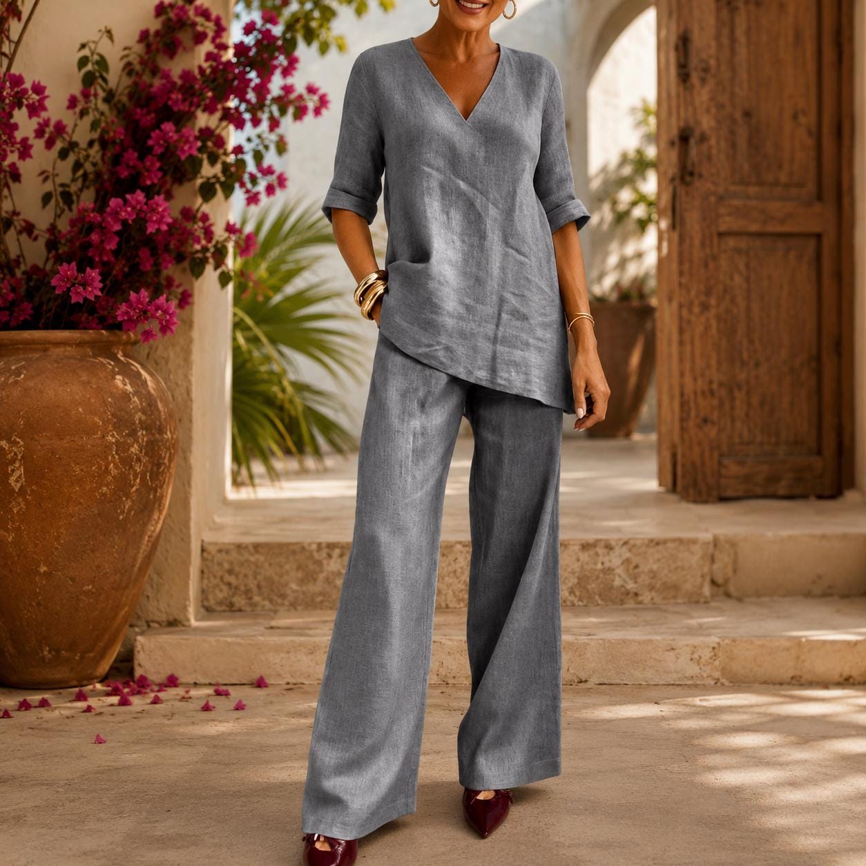 Linen Two Piece Set Women Wide Leg Pants and V Neck Tunic Top
