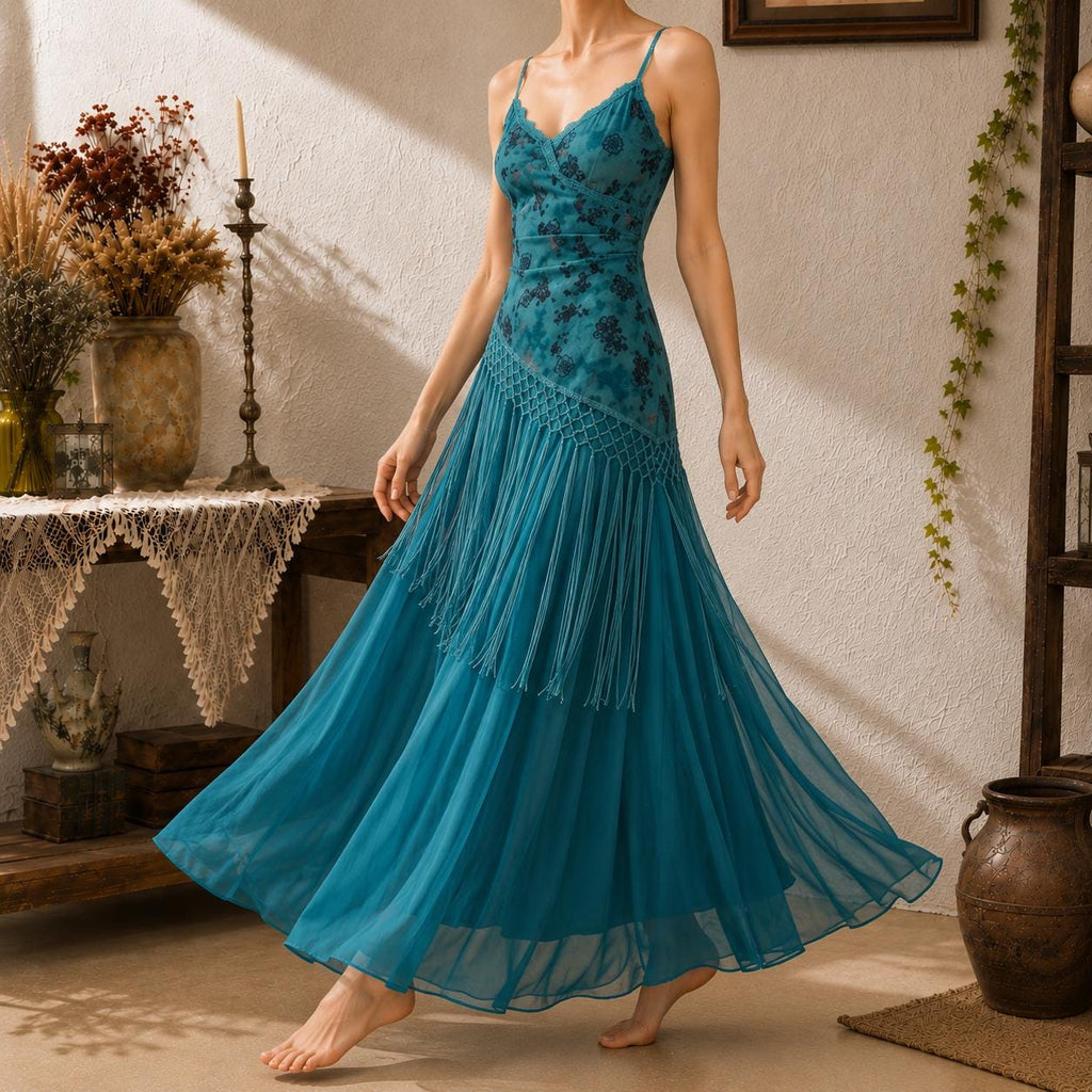 Teal Fringe Maxi Dress, Boho Strappy Summer Dress for Vacation, Wedding Guest, Party and Photoshoot