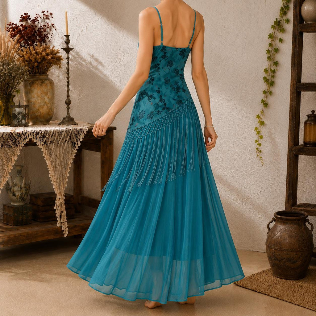 Teal Fringe Maxi Dress, Boho Strappy Summer Dress for Vacation, Wedding Guest, Party and Photoshoot