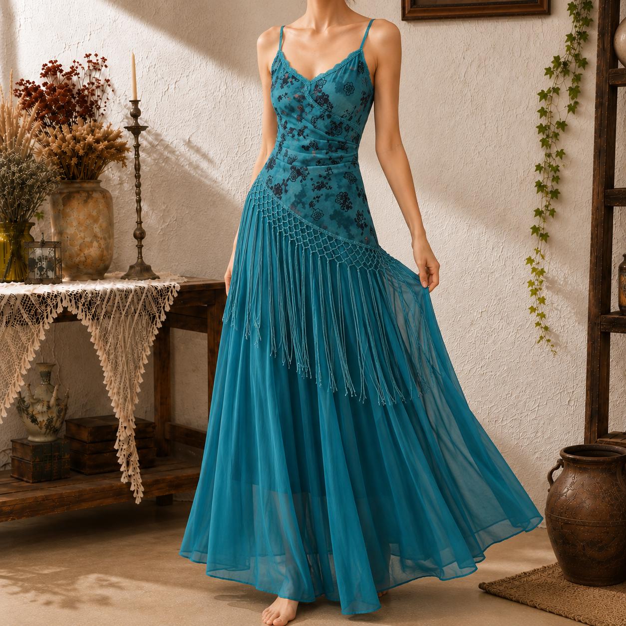 Teal Fringe Maxi Dress, Boho Strappy Summer Dress for Vacation, Wedding Guest, Party and Photoshoot