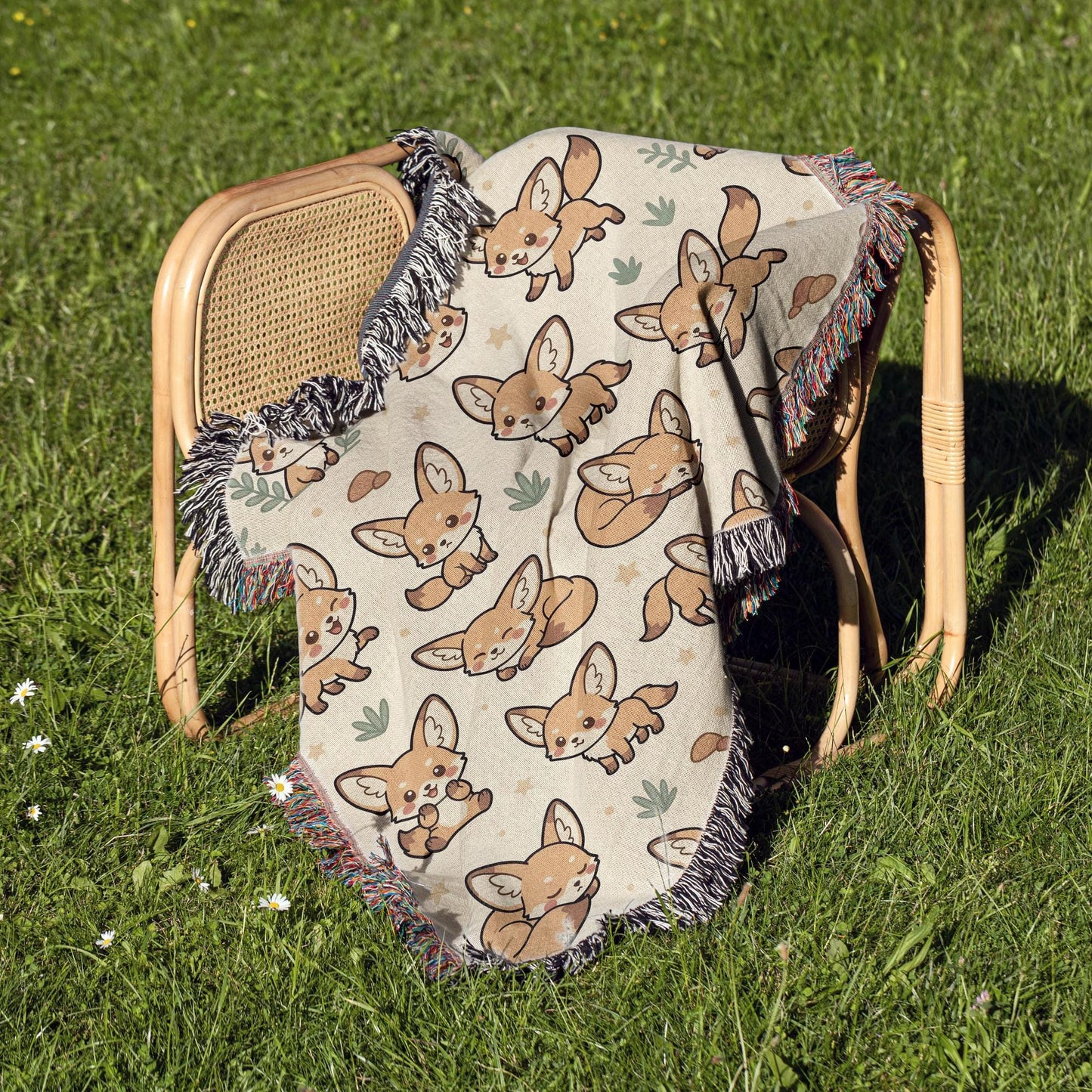 Fennec Fox Blanket, Kawaii Cute Desert Fox Woven Cotton Throw, Cozy Boho Nursery Animal Decor, Cute Kids Room Fennec Fox Lover Gift