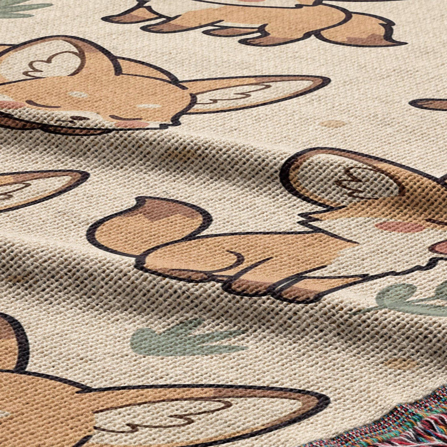 Fennec Fox Blanket, Kawaii Cute Desert Fox Woven Cotton Throw, Cozy Boho Nursery Animal Decor, Cute Kids Room Fennec Fox Lover Gift