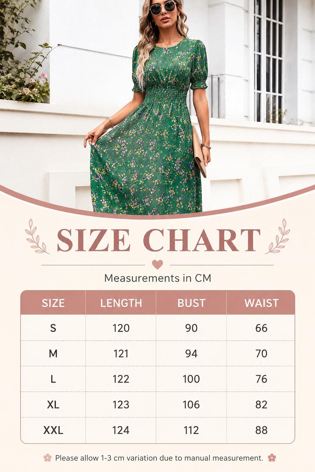 Floral Midi Outfit Women, Puff Sleeve Summer Dress, Smocked Waist Boho Style, Cottagecore Fashion