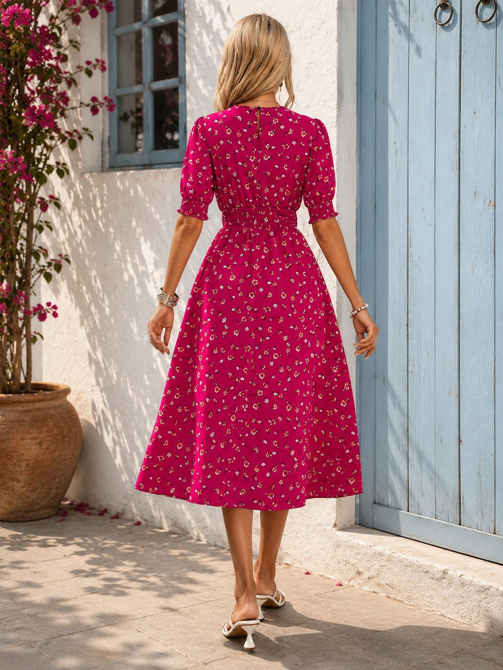 Floral Midi Outfit Women, Puff Sleeve Summer Dress, Smocked Waist Boho Style, Cottagecore Fashion