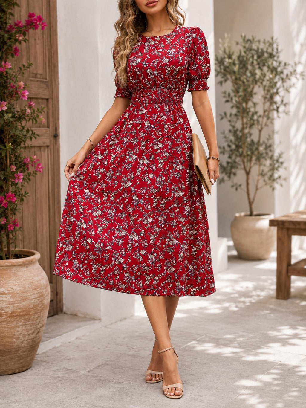 Floral Midi Outfit Women, Puff Sleeve Summer Dress, Smocked Waist Boho Style, Cottagecore Fashion