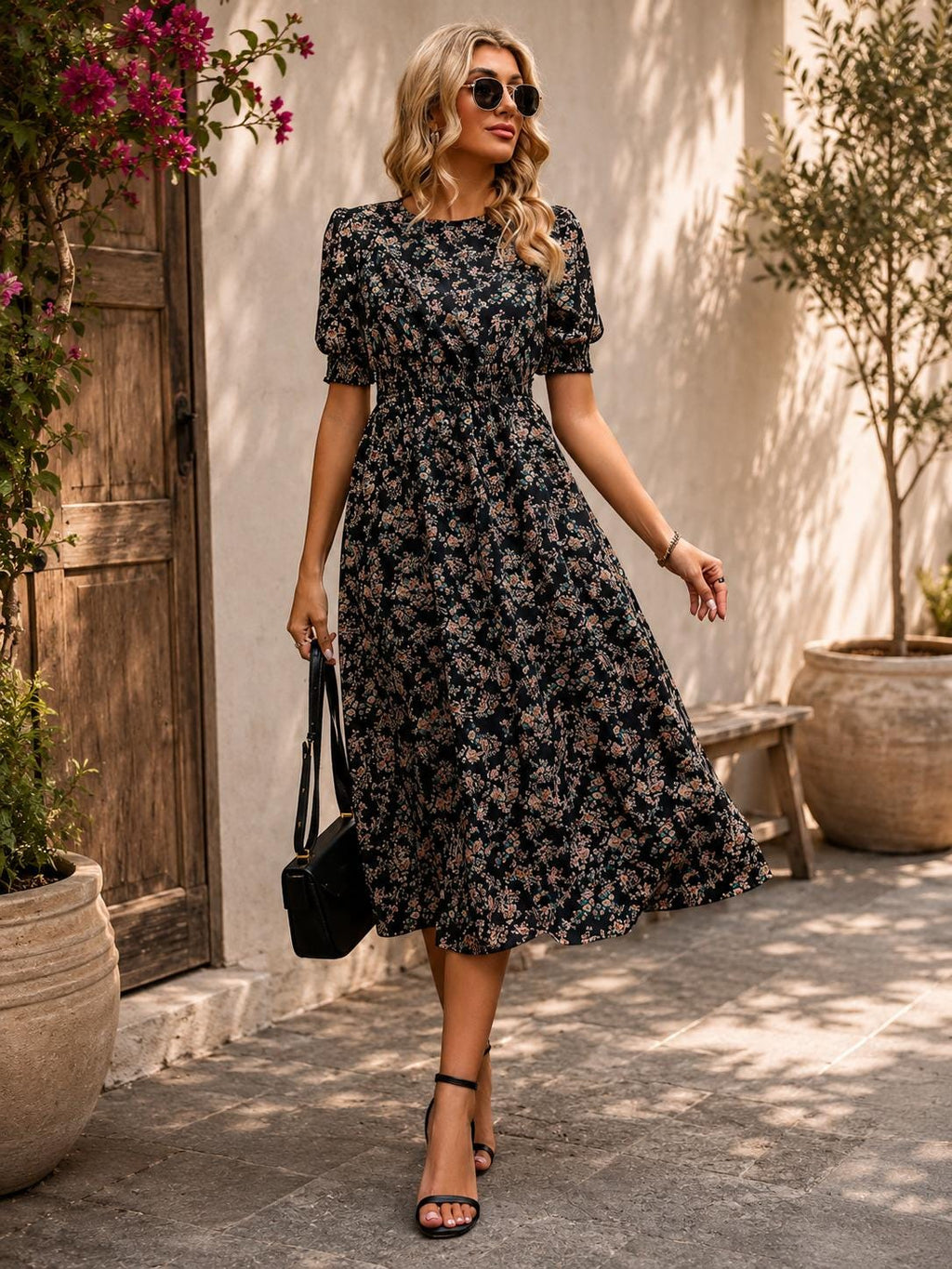Floral Midi Outfit Women, Puff Sleeve Summer Dress, Smocked Waist Boho Style, Cottagecore Fashion
