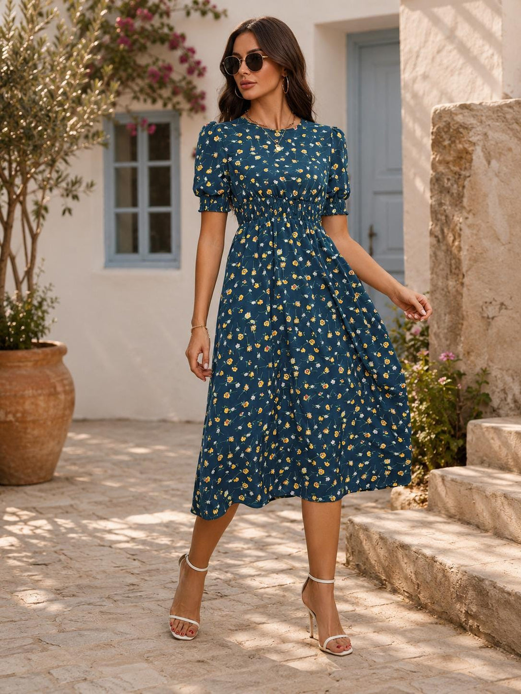 Floral Midi Outfit Women, Puff Sleeve Summer Dress, Smocked Waist Boho Style, Cottagecore Fashion