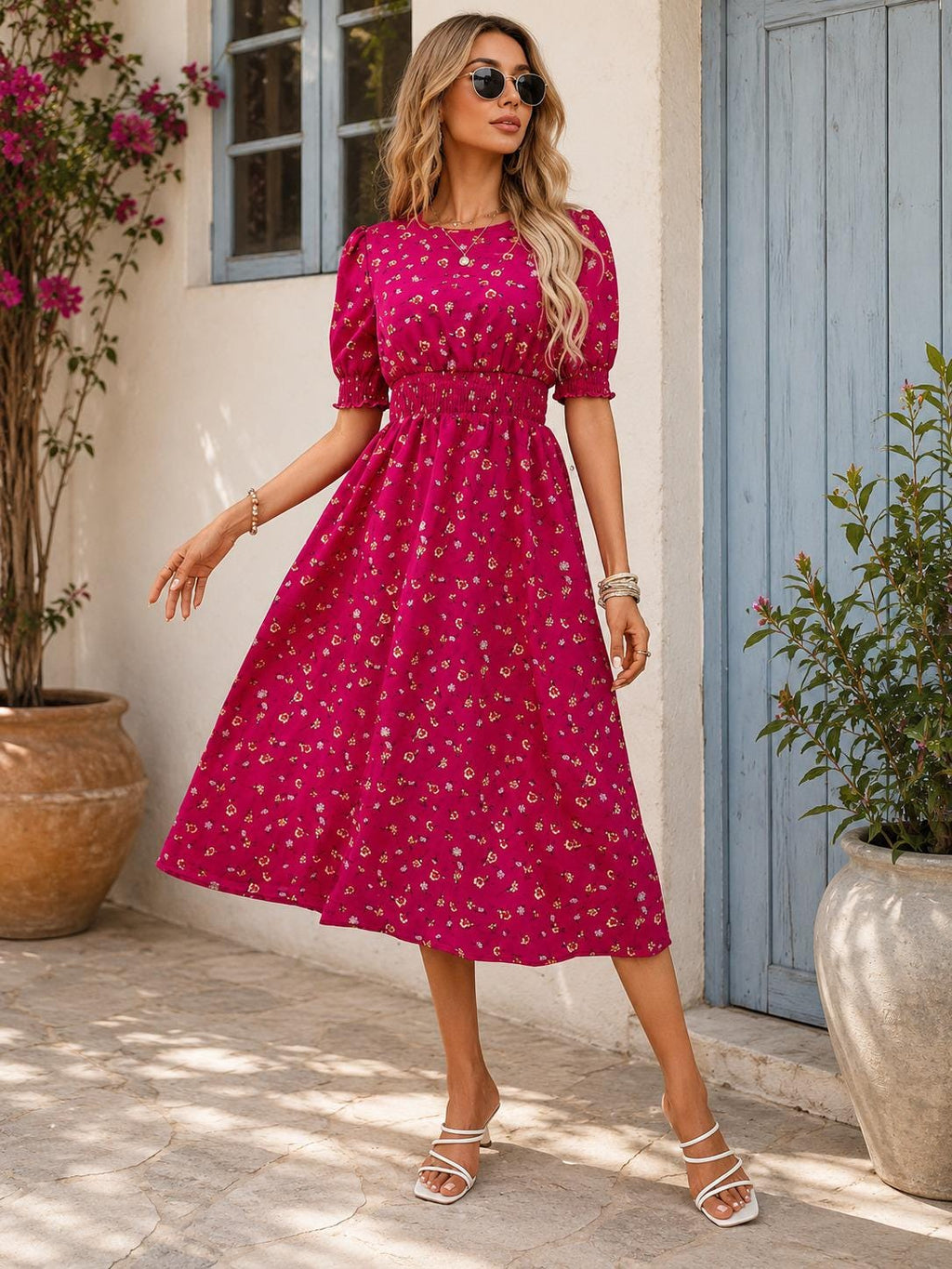 Floral Midi Outfit Women, Puff Sleeve Summer Dress, Smocked Waist Boho Style, Cottagecore Fashion