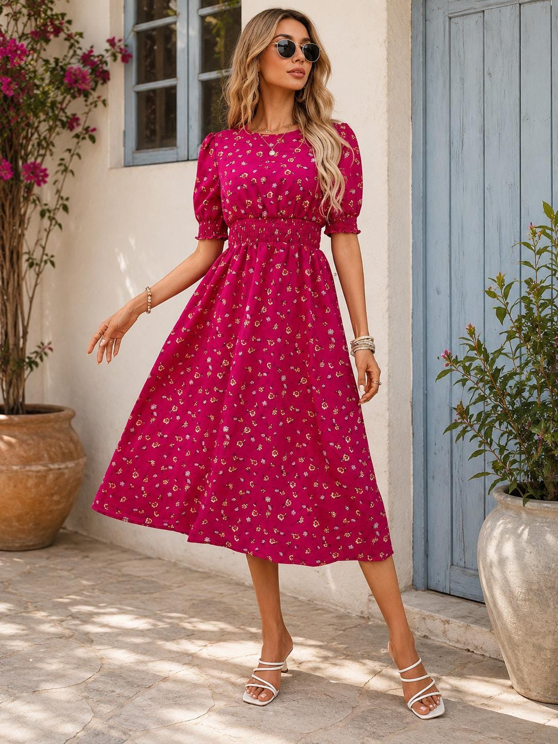 Floral Midi Outfit Women, Puff Sleeve Summer Dress, Smocked Waist Boho Style, Cottagecore Fashion