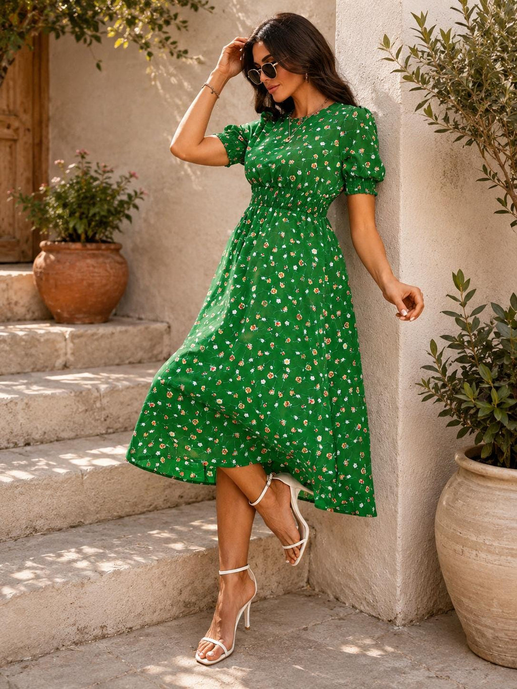 Floral Midi Outfit Women, Puff Sleeve Summer Dress, Smocked Waist Boho Style, Cottagecore Fashion